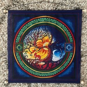 DAY AND NIGHT YIN AND YANG BANNER WITH TWO WOODEN RODS AND A CORD FOR HANGING